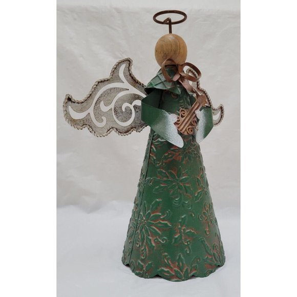 Metal Tin Angel (no face) Tree Topper Decor Wings, Instrument and Green Dress - Picture 6 of 8